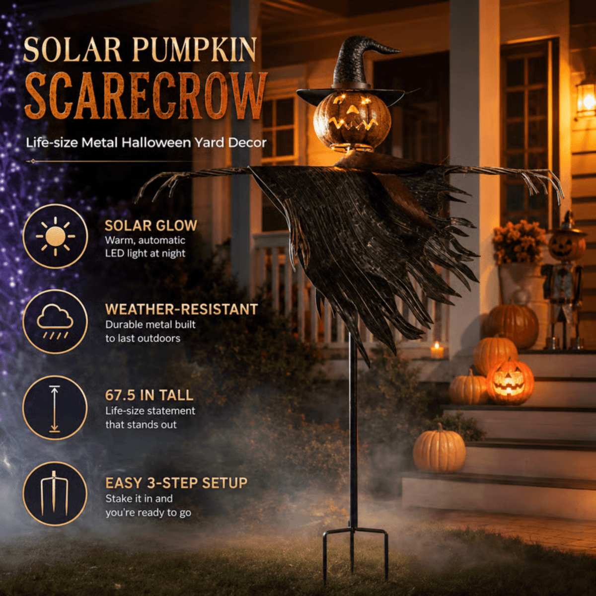 Haunt & Co Solar Lighted Pumpkin Scarecrow Sentinel, Handâ??Painted Metal Lightâ??Up Jackâ??oâ??Lantern Ornament, Solar Powered Yard Art, Spooky Decor for Halloween Party, Garden and Backyard