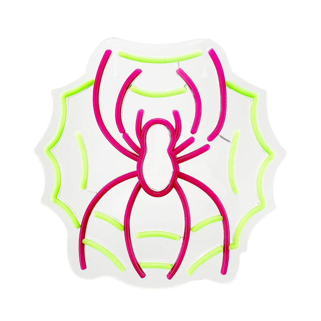 Haunt & Co Spider with Web Pink & Green Halloween Décor with Neon LED Lights, 0.9-Ft