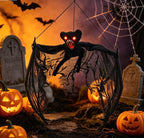 Haunt & Co Spooky Halloween Bat Hanging Prop, Large Scary Bat Decoration with LED Red Eyes, Creepy Black Bat Ornament for Halloween Haunted House, Door, Yard Decor