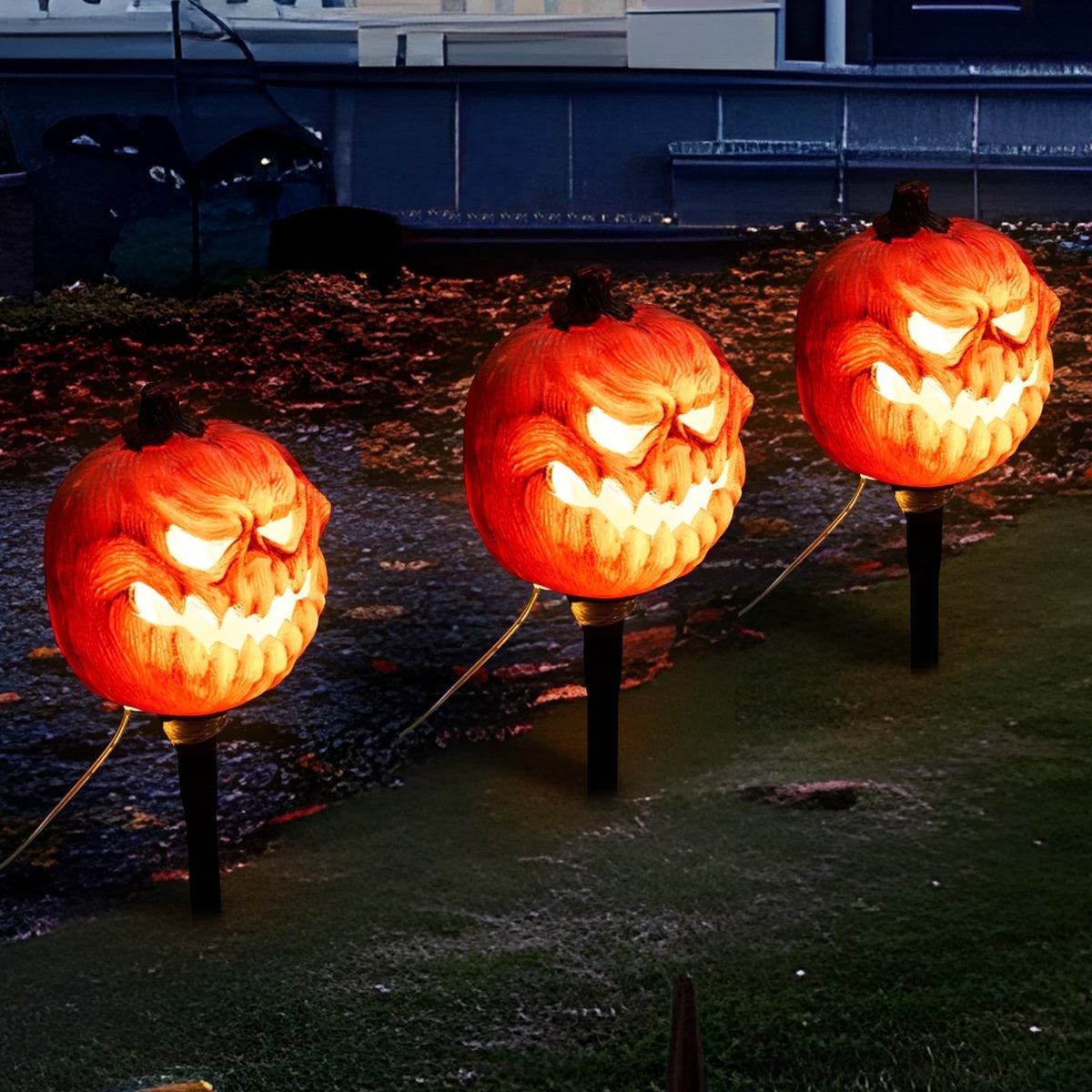 Haunt & Co 3 Pack Lighted Pumpkin Pathway Lights Stakes,Outdoor Jack-O-Lantern Waterproof Decorations,Scary Halloween Party Props Outdoor Yard Decor