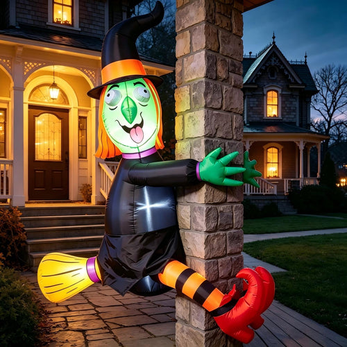 Haunt & Co 4 FT Halloween Inflatables Witch Crashing Into Tree,LED Lighted Blow Up Yard Decoration
