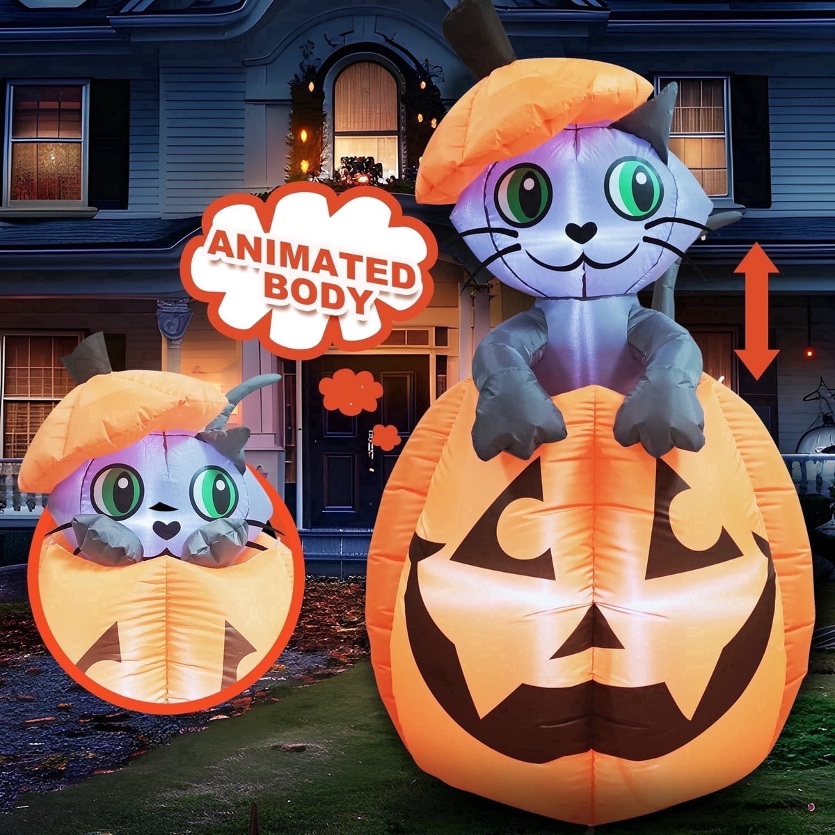 Haunt & Co 5 ft Halloween Inflatable Animated Cat on Pumpkin,Halloween Outdoor Decoration with LED Lights,Blow Up Decoration