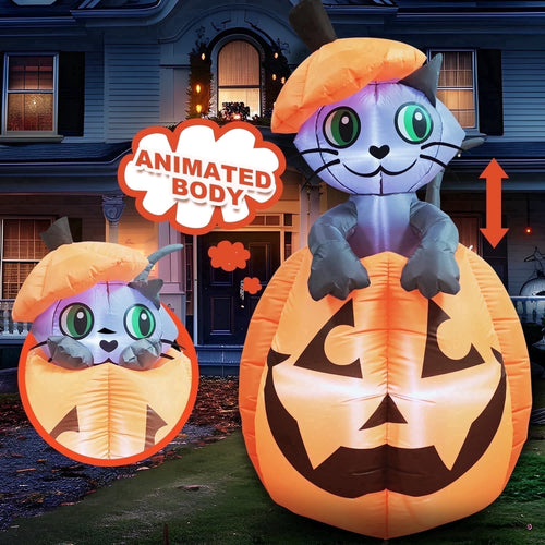 Haunt & Co 5 ft Halloween Inflatable Animated Cat on Pumpkin,Halloween Outdoor Decoration with LED Lights,Blow Up Decoration