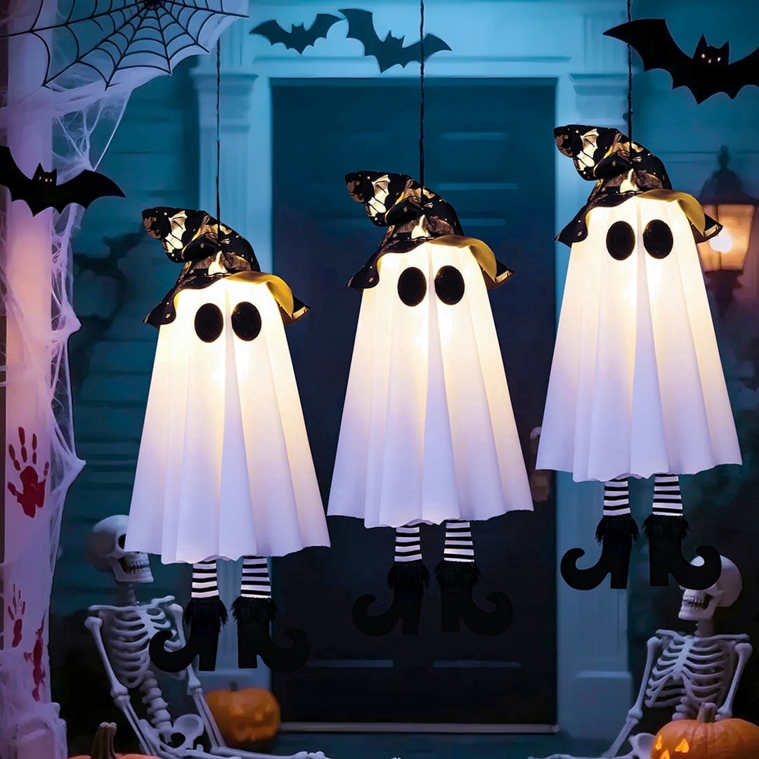 Haunt & Co 18In Set of 3 Halloween Hanging Ghosts, Outdoor Hanging Ghosts with Witch Hat,Glowing Ghost Witch Hat Lights Halloween Ghost Decor