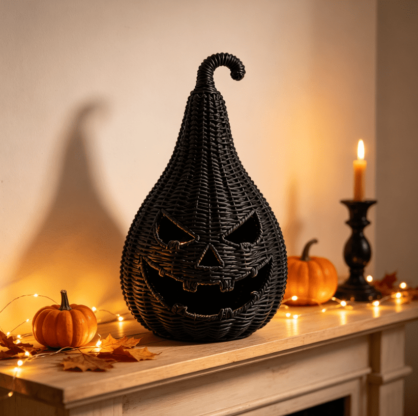 Haunt & Co THOPBPRK 2026 Black Halloween Woven Pumpkin Jack-O'-Lantern, Pumpkin, USE LED Candle, Rattan Fall for Home, 1Pack 11.8 Inch A