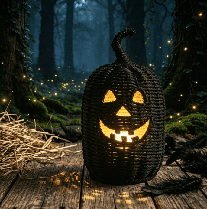 Haunt & Co THOPBPRK 2026 Black Halloween Woven Pumpkin Jack-O'-Lantern, Pumpkin, USE LED Candle, Rattan Fall for Home, 1Pack 11.8 Inch A