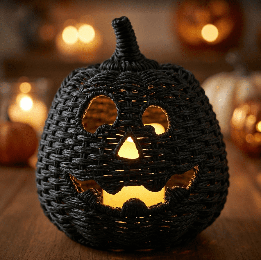 Haunt & Co THOPBPRK 2026 Black Halloween Woven Pumpkin Jack-O'-Lantern, Pumpkin, USE LED Candle, Rattan Fall for Home, 1Pack 11.8 Inch A