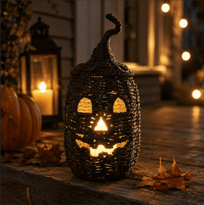 Haunt & Co THOPBPRK 2026 Black Halloween Woven Pumpkin Jack-O'-Lantern, Pumpkin, USE LED Candle, Rattan Fall for Home, 1Pack 11.8 Inch A