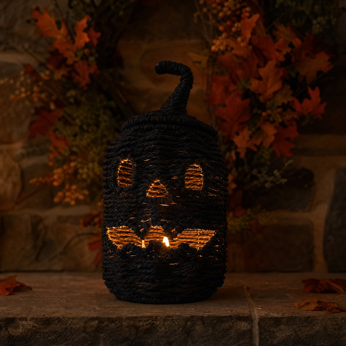 Haunt & Co THOPBPRK 11" Black Handwoven Rattan Teardrop Jack-O'-Lantern Pumpkin Decor, Halloween Tabletop Ornament, Indoor Fall Home Decoration, Pumpkin Ornament for Doorstep Halloween Party