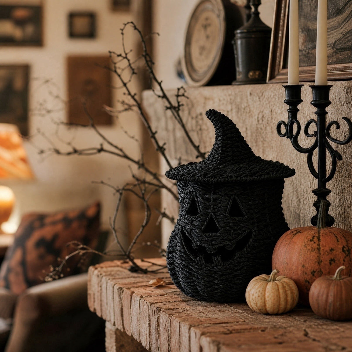 Haunt & Co THOPBPRK 2026 Black Halloween Woven Pumpkin Jack-O'-Lantern, Pumpkin, USE LED Candle, Rattan Fall for Home, 1Pack 11.8 Inch A