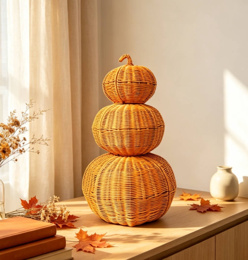 Haunt & Co THOPBPRK 11" Black Handwoven Rattan Teardrop Jack-O'-Lantern Pumpkin Decor, Halloween Tabletop Ornament, Indoor Fall Home Decoration, Pumpkin Ornament for Doorstep Halloween Party