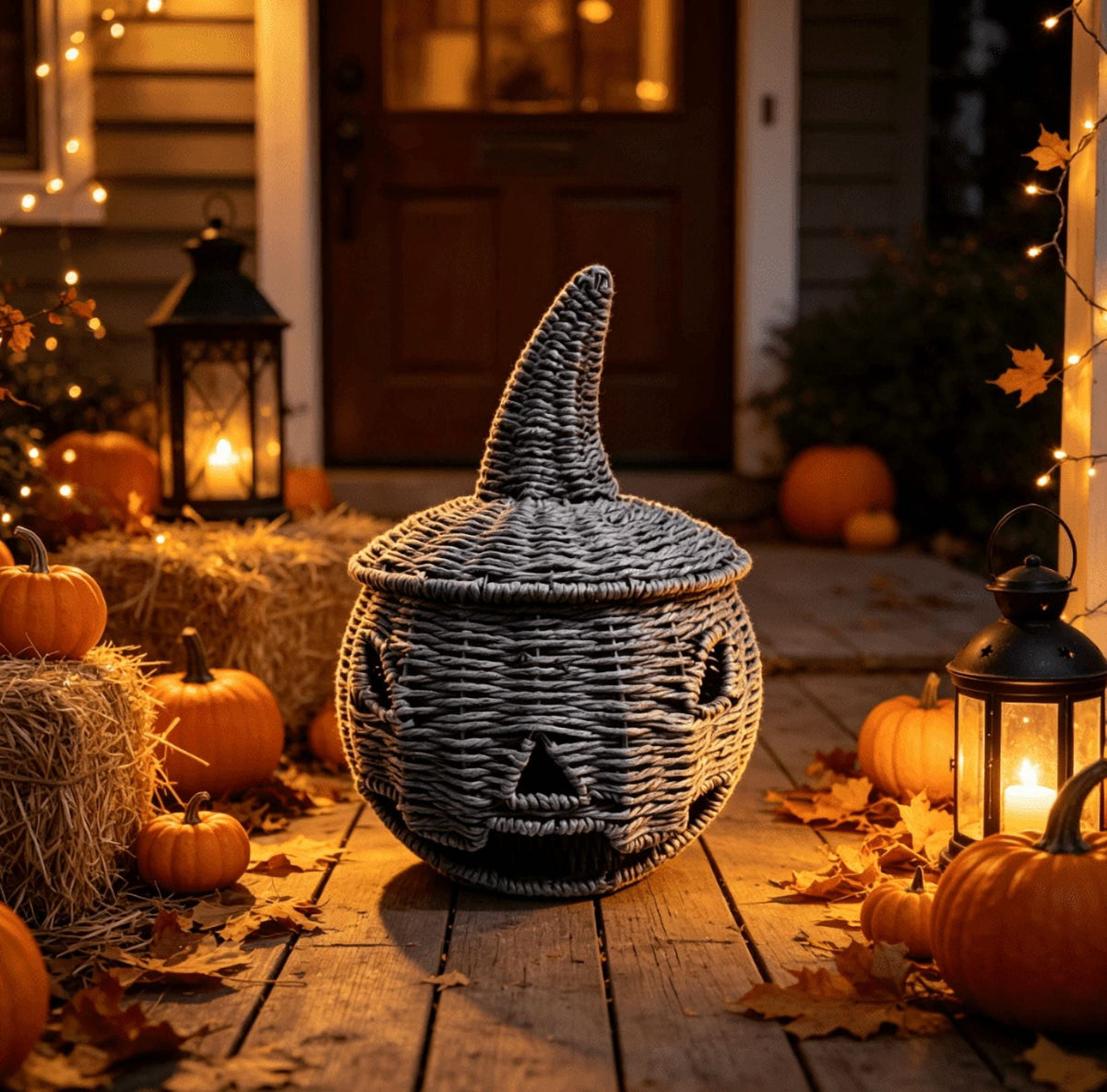 Haunt & Co THOPBPRK 2026 Black Halloween Woven Pumpkin Jack-O'-Lantern, Pumpkin, USE LED Candle, Rattan Fall for Home, 1Pack 11.8 Inch A