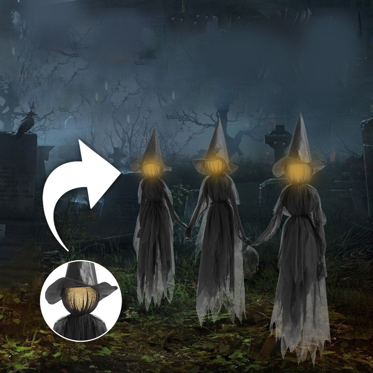 Haunt & Co TOPRenddon Life-Size Glowing Witch Decor - 3-Pack 59" Halloween Yard Figures with Color-Changing LED Faces & Rainproof Fabric