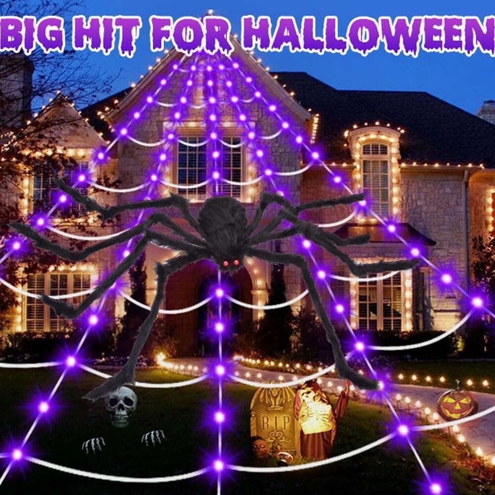 Haunt & Co Coolmade Halloween Giant Spider Web Lights Decorations Outdoor, 16.4ft 250 LED Lighted Spider Web Light up with 8 Modes with 59" Giant Spider