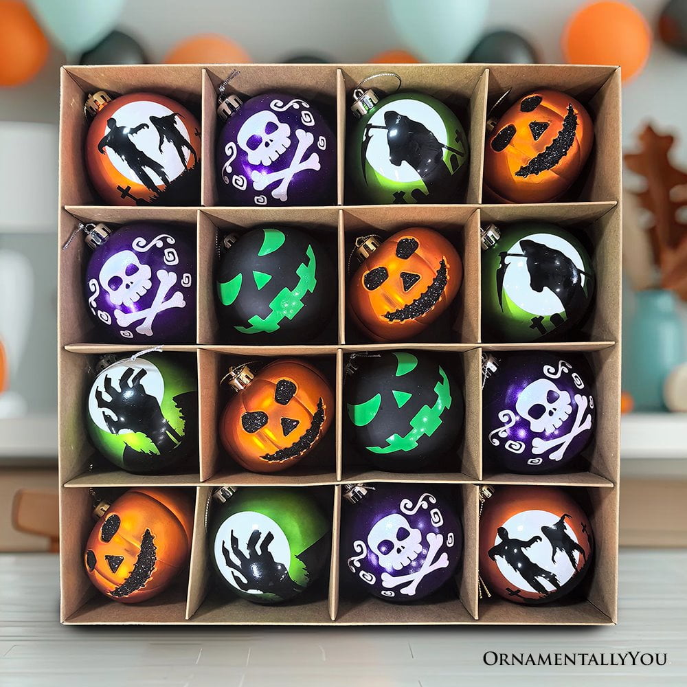 Haunt & Co The Face of Spooky Horror 16 Piece Ornament Shatterproof Bundle Set, Halloween Pumpkin, Zombie, and Goblin
