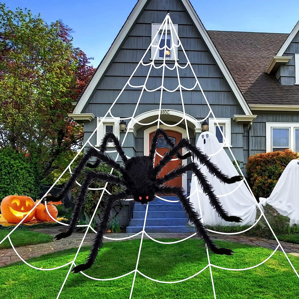 Haunt & Co Vafful Outdoor Yrad Spider Web 275'' and 59'' Giant Spider with 20 pcs Small Spider and 40g Stretch Cobwebs