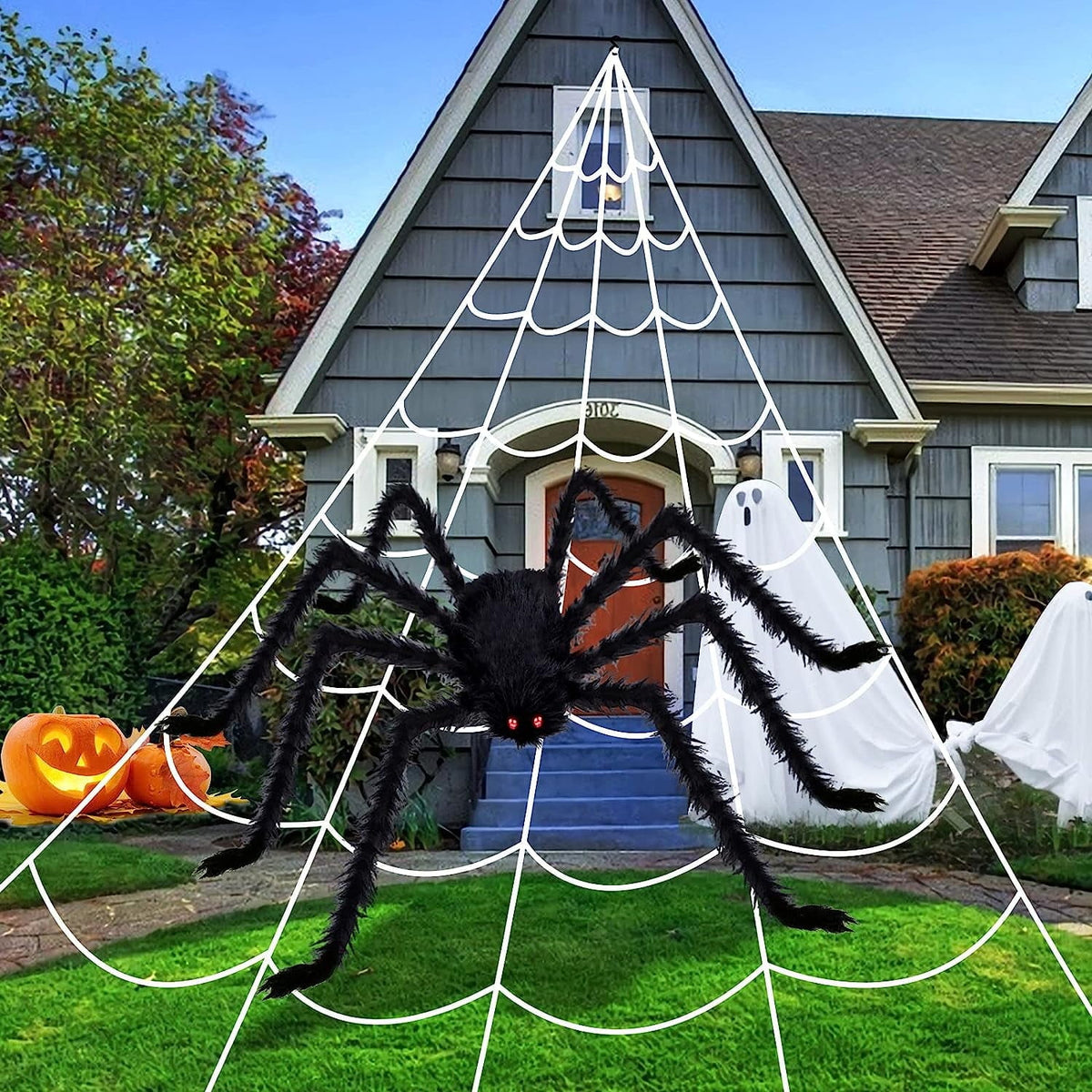 Haunt & Co Vafful Outdoor Yrad Spider Web 275'' and 59'' Giant Spider with 20 pcs Small Spider and 40g Stretch Cobwebs
