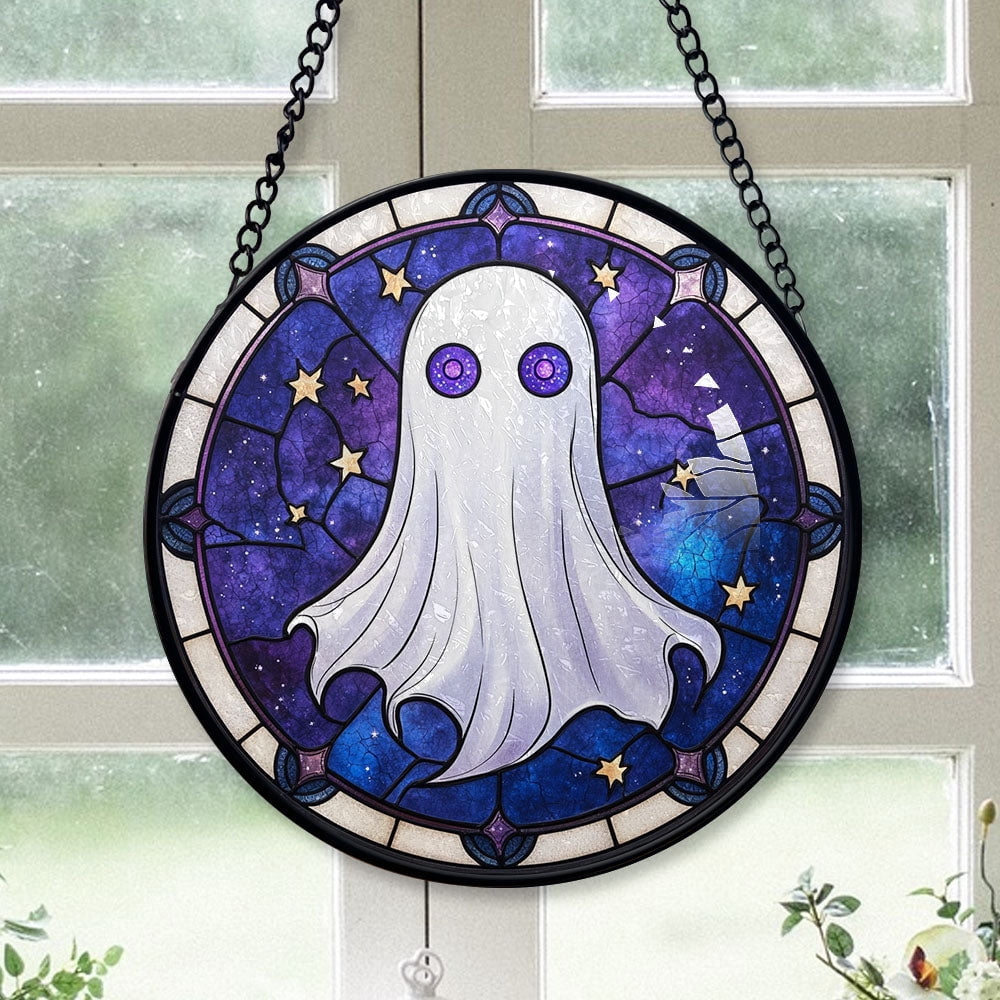 Haunt & Co Vintage Style Christmas Gift - Halloween White Cute Ghosts Spooky Oranges Stained Glass Hanging Ornament - Snow-Dusted Pines Christmas Tree Decor, Gift for Family & Friends, Keepsake 2025