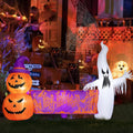 Haunt & Co Large Hallowee Inflatable-8FT White Ghosts with Orange Banner Print - Happy Halloween - LED Lights Outdoor Blow Up Decoration