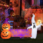 Haunt & Co Large Hallowee Inflatable-8FT White Ghosts with Orange Banner Print - Happy Halloween - LED Lights Outdoor Blow Up Decoration