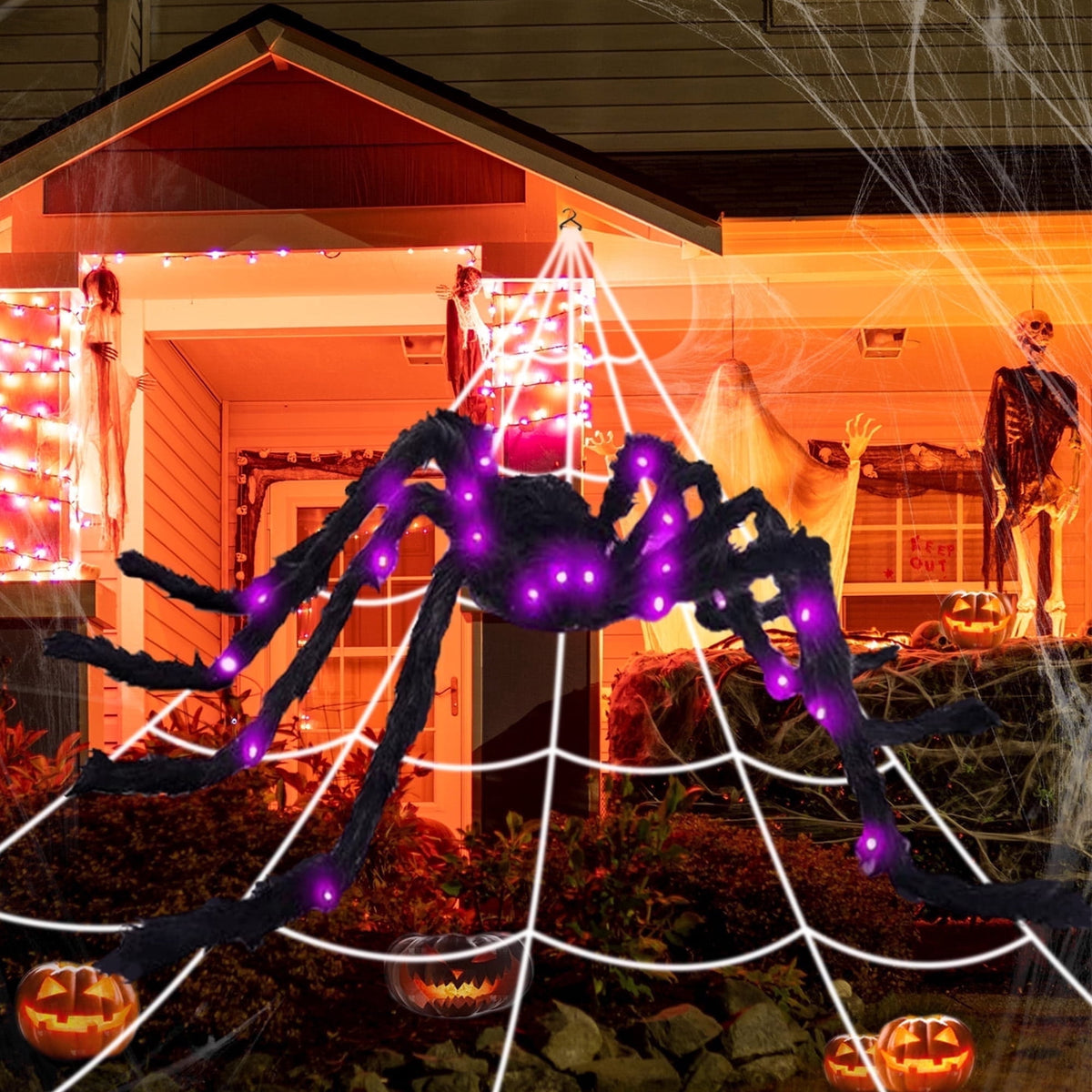 Haunt & Co Spider Webs Outdoor, 50" Light Up Giant Spider + 276" Triangular Spider Webs, Yard Outdoor