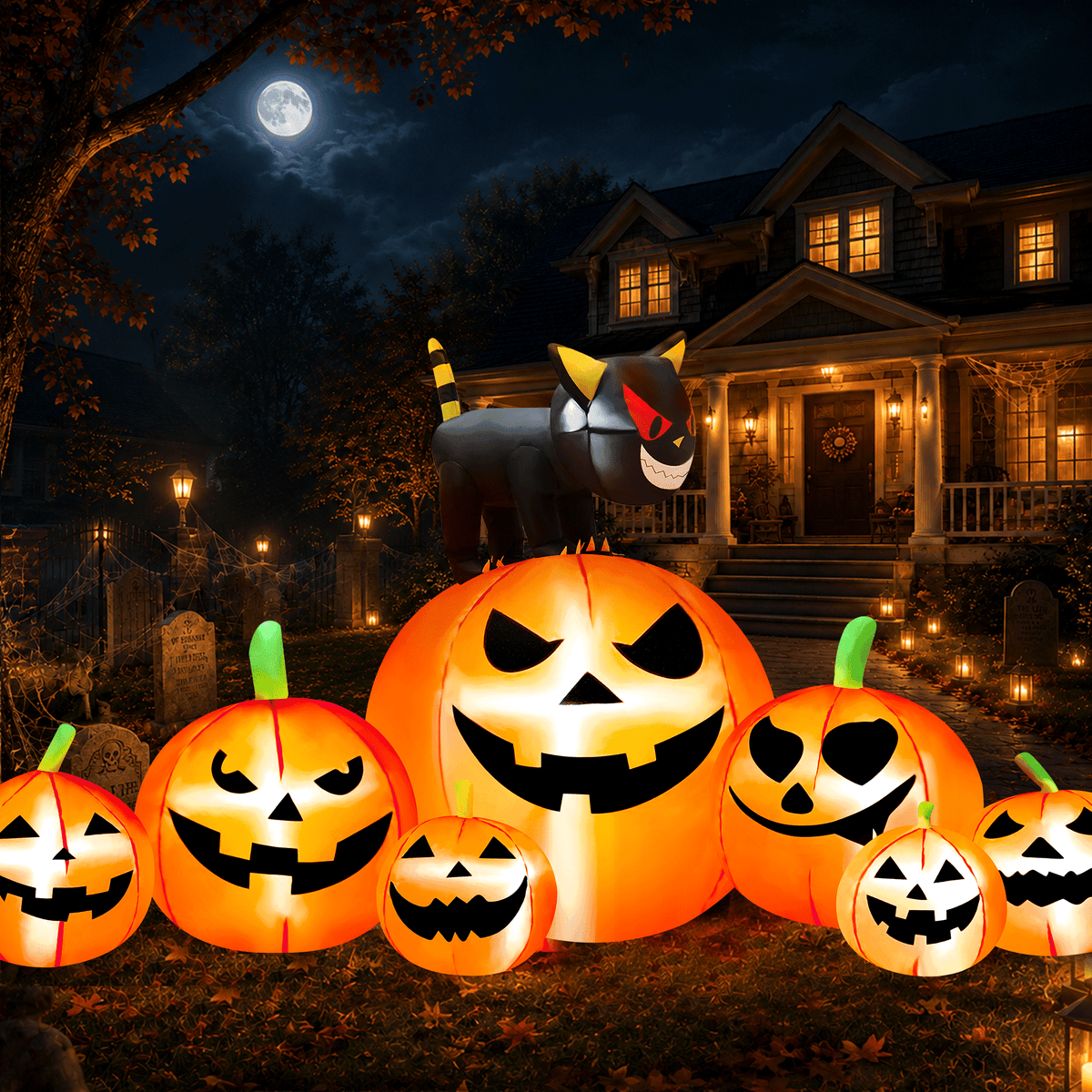 Haunt & Co 8.1FT Halloween Inflatable Pumpkin Stack, 7 Glitter Pumpkins with Black Cat and LED Lights, Outdoor Yard & Garden Decor