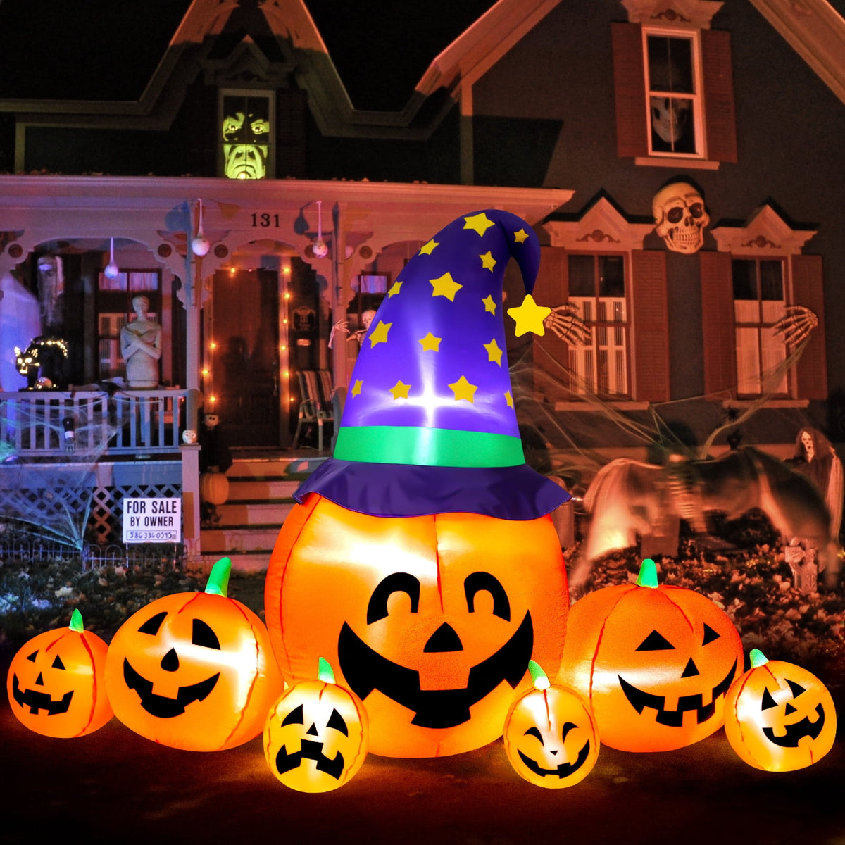 Haunt & Co 8.7FT Halloween Inflatable Pumpkin Set, 7-Pumpkin Outdoor Decoration with Witch Hats and LED Lights