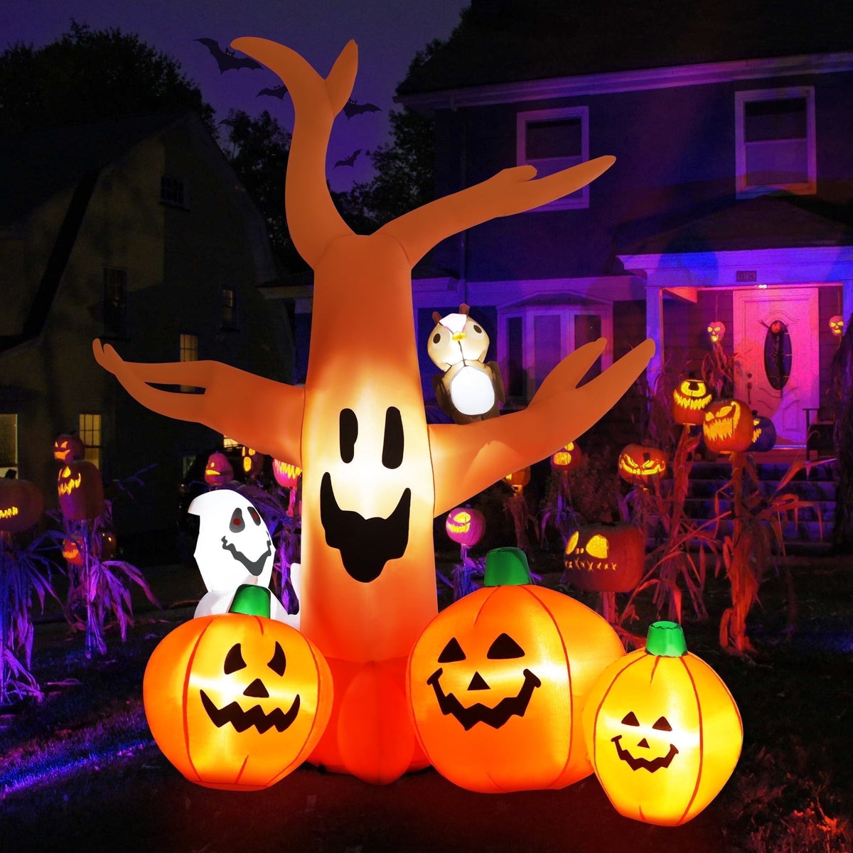 Haunt & Co 8FT Halloween Inflatables Dead Tree,Outdoor with Built-in LED Lights,Halloween Blow Up Yard Decorations with Pumpkin,Ghost,and Owl