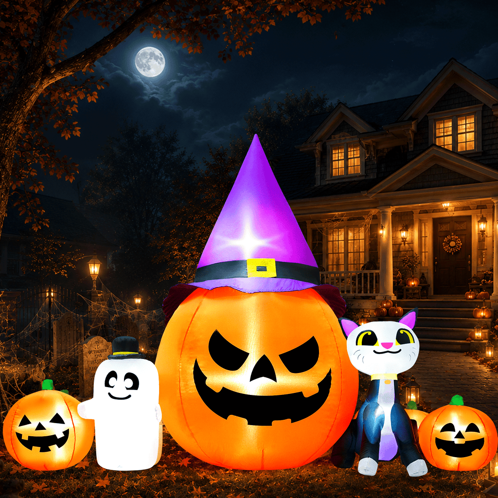 Haunt & Co 8ft Halloween Inflatable Pumpkin & Black Cat Ghost with LED Lights - Outdoor Yard & Garden Decoration