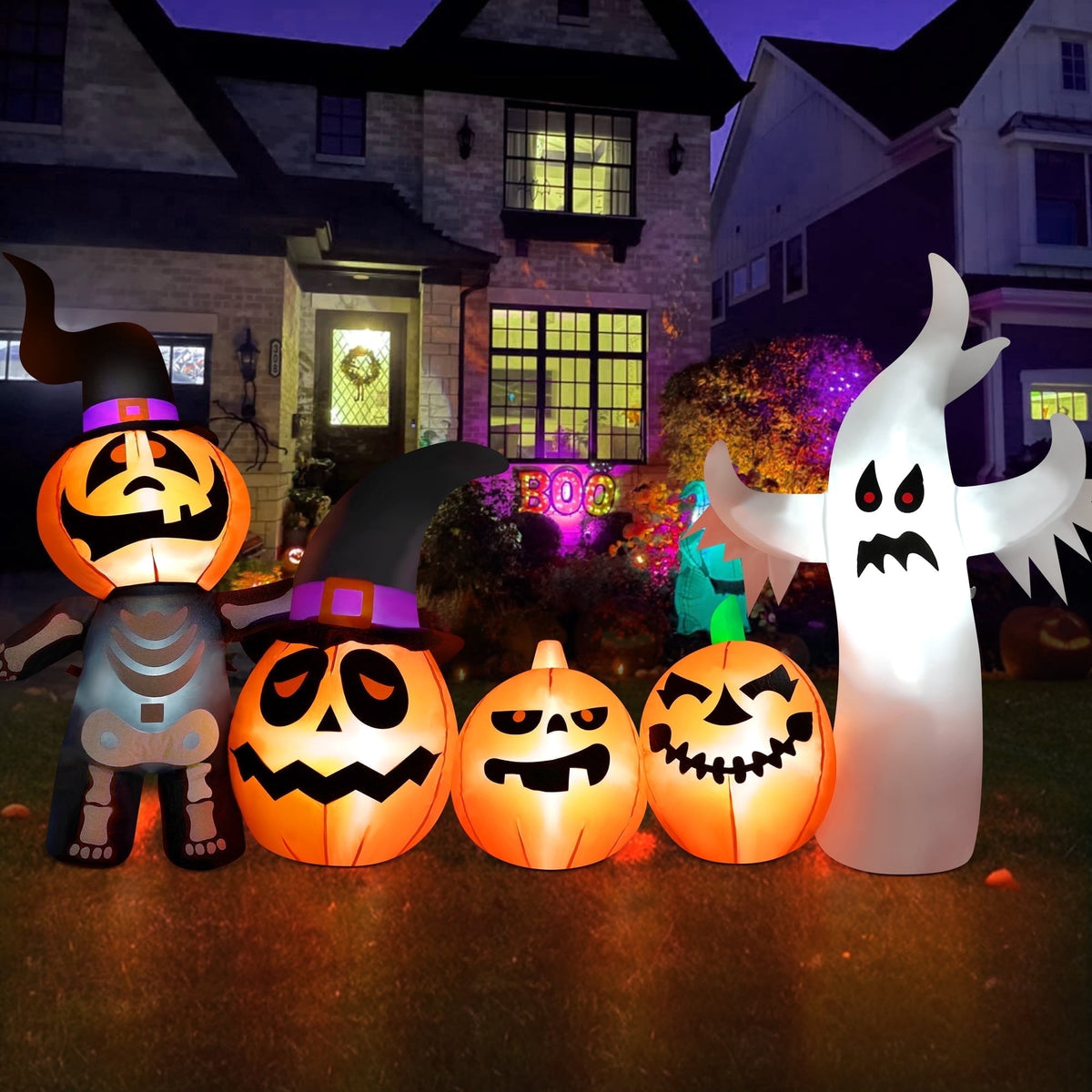 Haunt & Co Vrilay Halloween Inflatables, 7 FT Long 4 Pumpkins with Cute White Ghost Outdoor Decorations, Built-in LEDs, Blow Up Party, Waterproof Yard, Garden, Lawn Decor