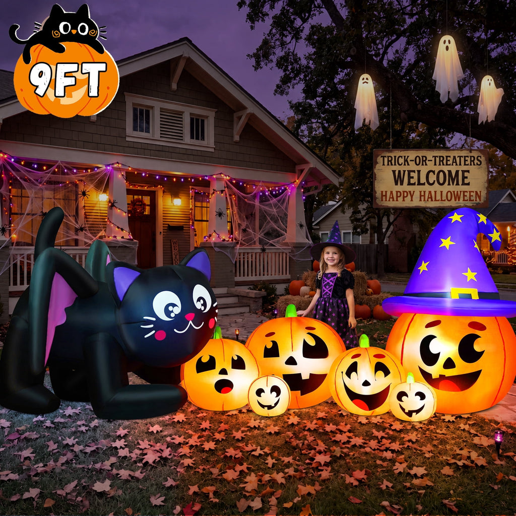 Haunt & Co 9FT Halloween Inflatable Black Cat with Pumpkin, with 8 LED Lights,Blow Up Outdoor Lawn Decor