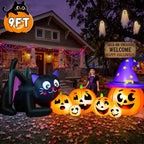 Haunt & Co 9FT Halloween Inflatable Black Cat with Pumpkin, with 8 LED Lights,Blow Up Outdoor Lawn Decor