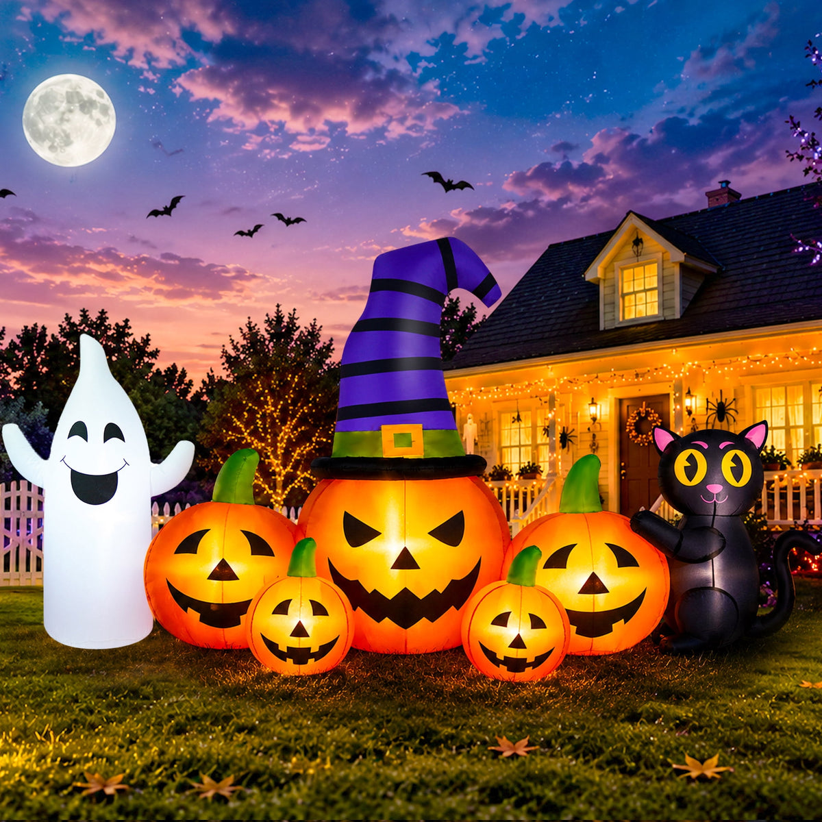 Haunt & Co 8FT Long Halloween Inflatable Pumpkin with Ghost and Black Cat,Outdoor with LED Lights