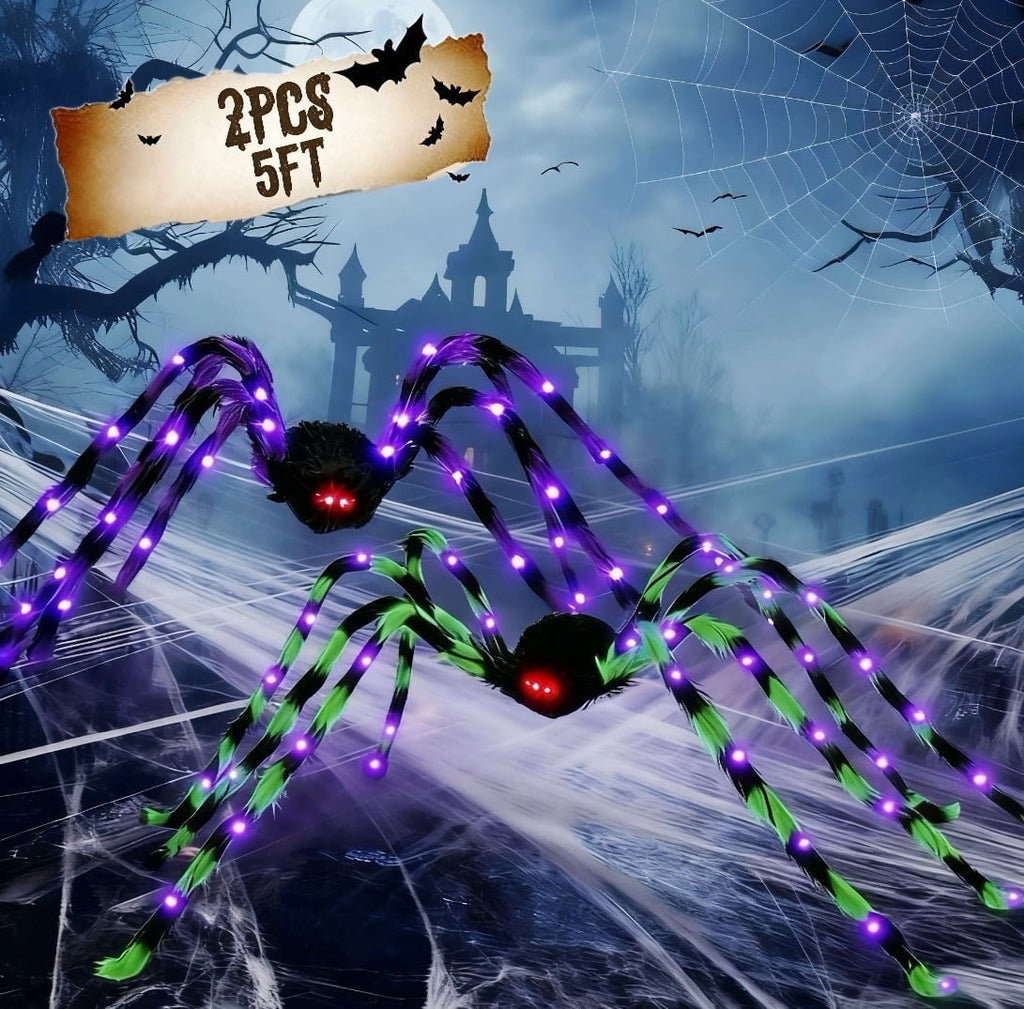 Haunt & Co Outdoor, 5Ft Giant Spider Light Up Spider, 2 Pack Scary Large Halloween Spider Decor for Home Party Favor Yard Decor