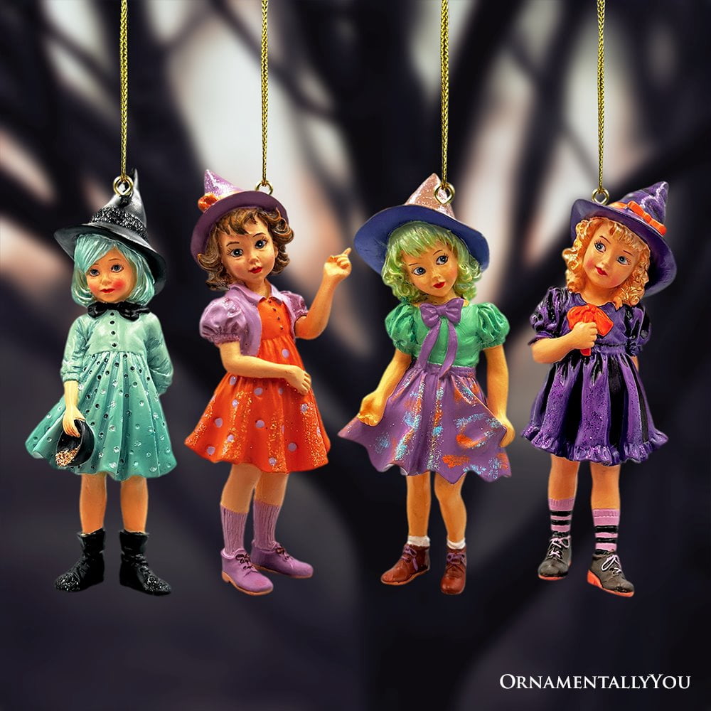 Haunt & Co Classic Victorian Little Witch Girls Set of 4 Ornaments, Vintage Halloween Tree Resin Decoration