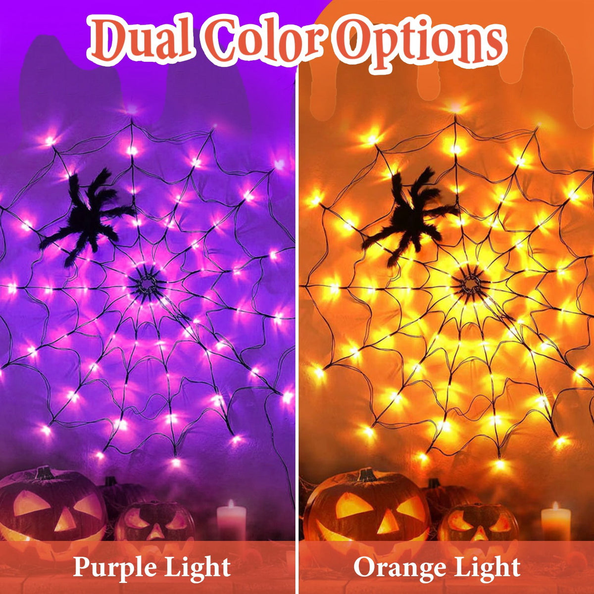 Haunt & Co Halloween Spider Web Light LED and a 5in Spider, 3.28ft Spider Web Light Decorations 70 LED Lighted, Indoor Outdoor House Yard Garden Scary Halloween Window Light, Battery Operated, Purple