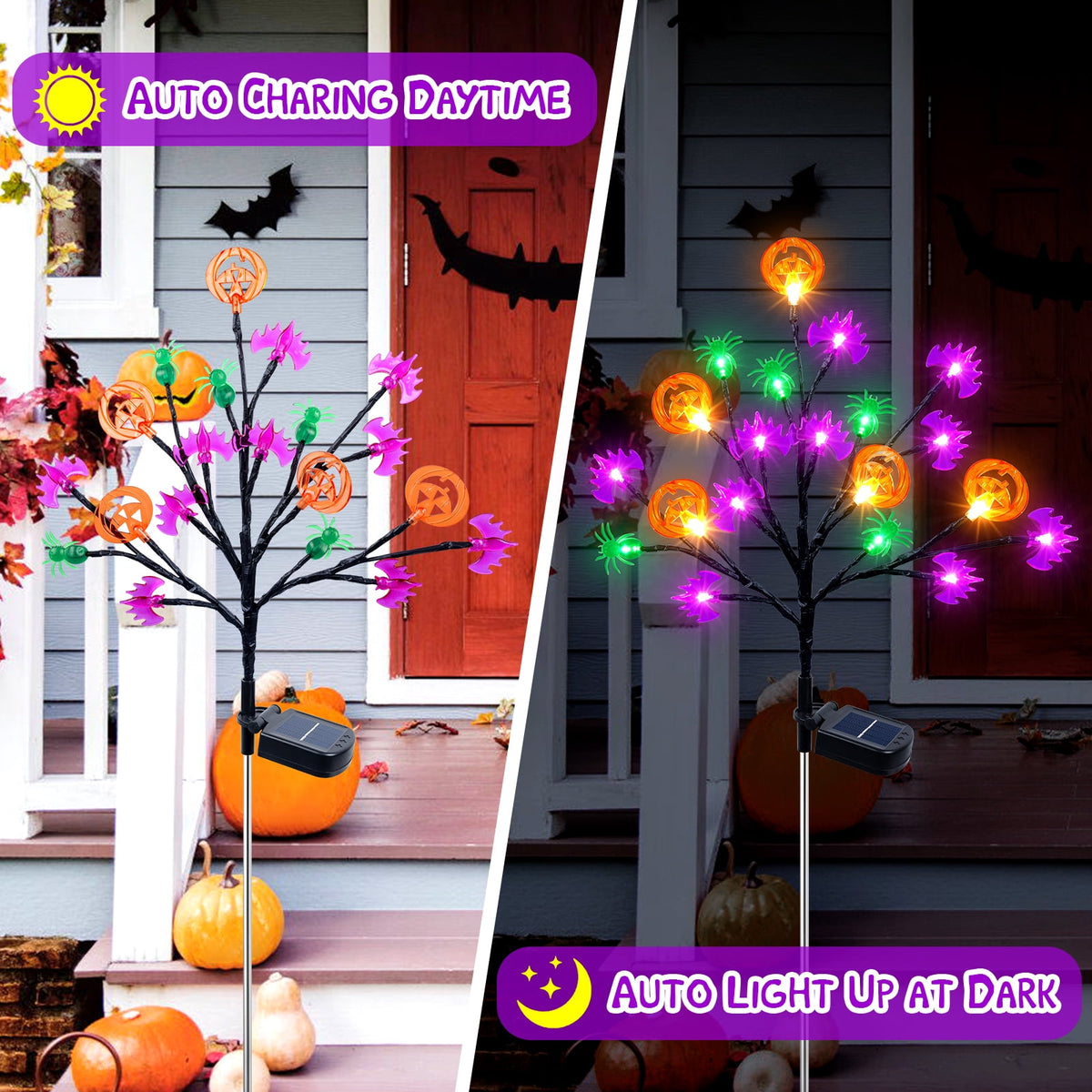 Haunt & Co 2 packs 40 LED Solar Halloween Lights, 2 Modes Halloween Bats Spiders Pumpkin Lights