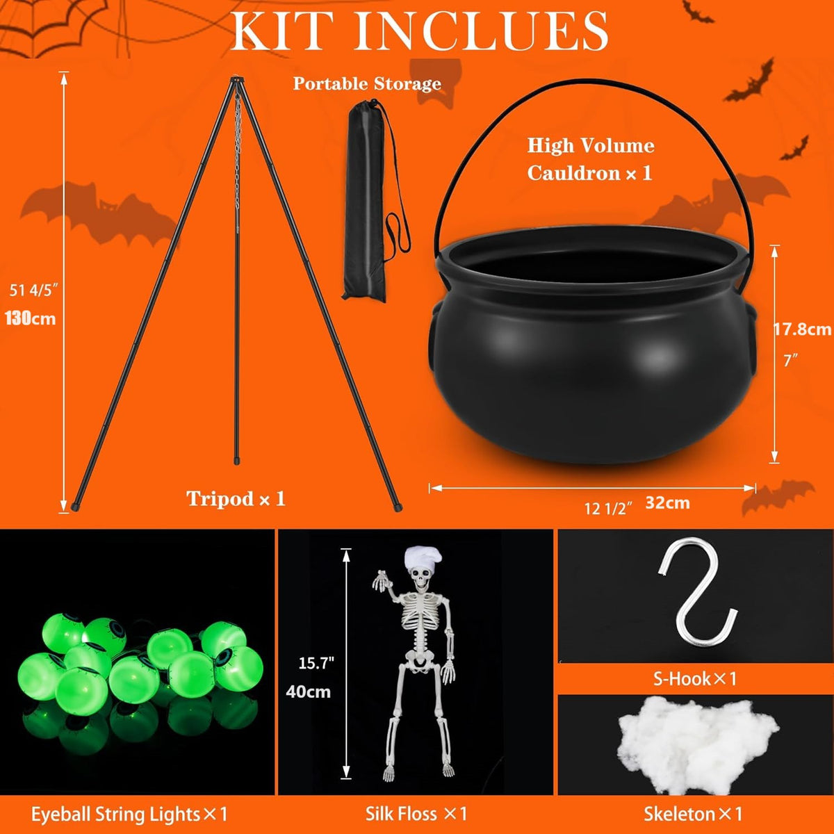 Haunt & Co YIKA Halloween Decoration Tripod Witch Pot Lamp Decorative Strip With Skeleton Man Halloween Ornaments