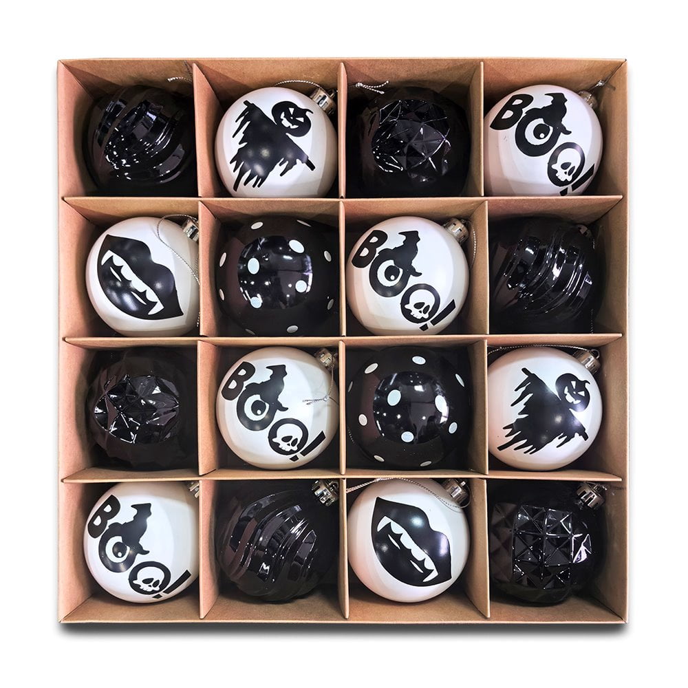 Haunt & Co Creepy Boo Assorted 16 Piece Black and White Ornament Bundle, Monochrome 3" Halloween Bauble Set