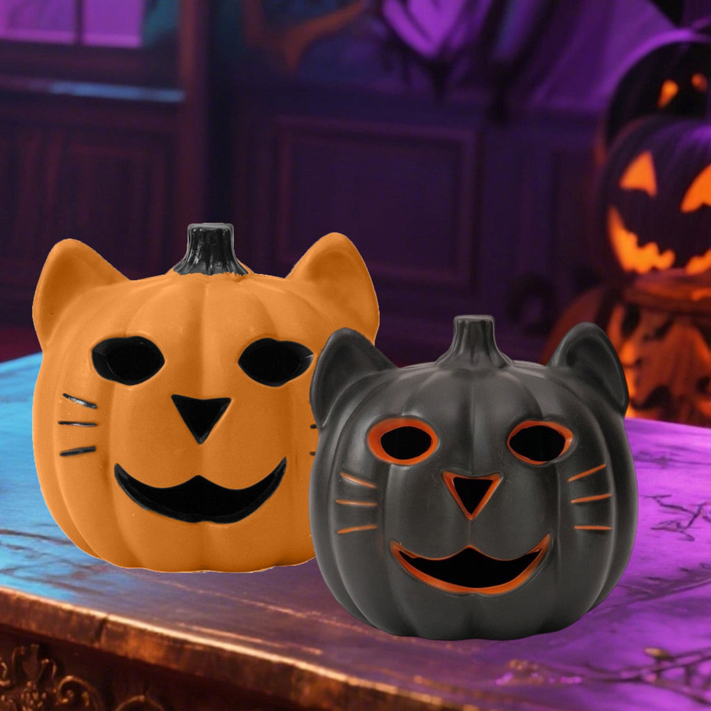 Haunt & Co Spooky Halloween Decorations Led Luminous Cat Pumpkin Ornament Orange Hollow Halloween Lights for Halloween Tabletop Decor Haunted House Ornaments
