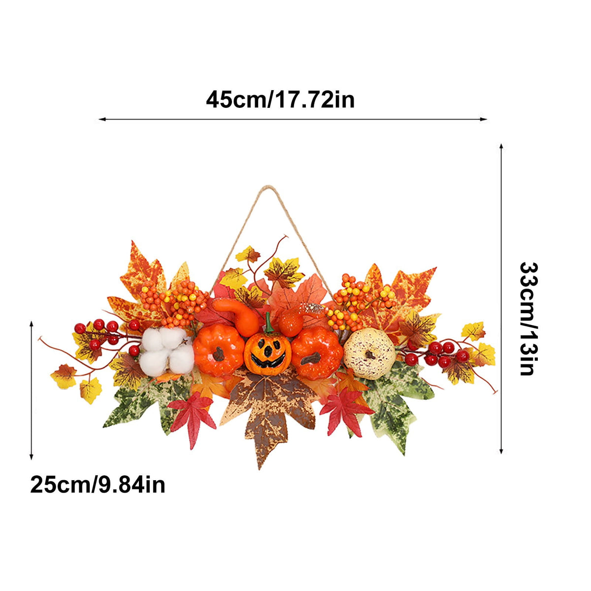 Haunt & Co Fall Harvest Pumpkin Maple Leaf Hanging Decor 18x13 Inch, Thanksgiving Halloween Door Wall Ornament with Jute Rope, Rustic Farmhouse Indoor Outdoor Porch Party Decoration