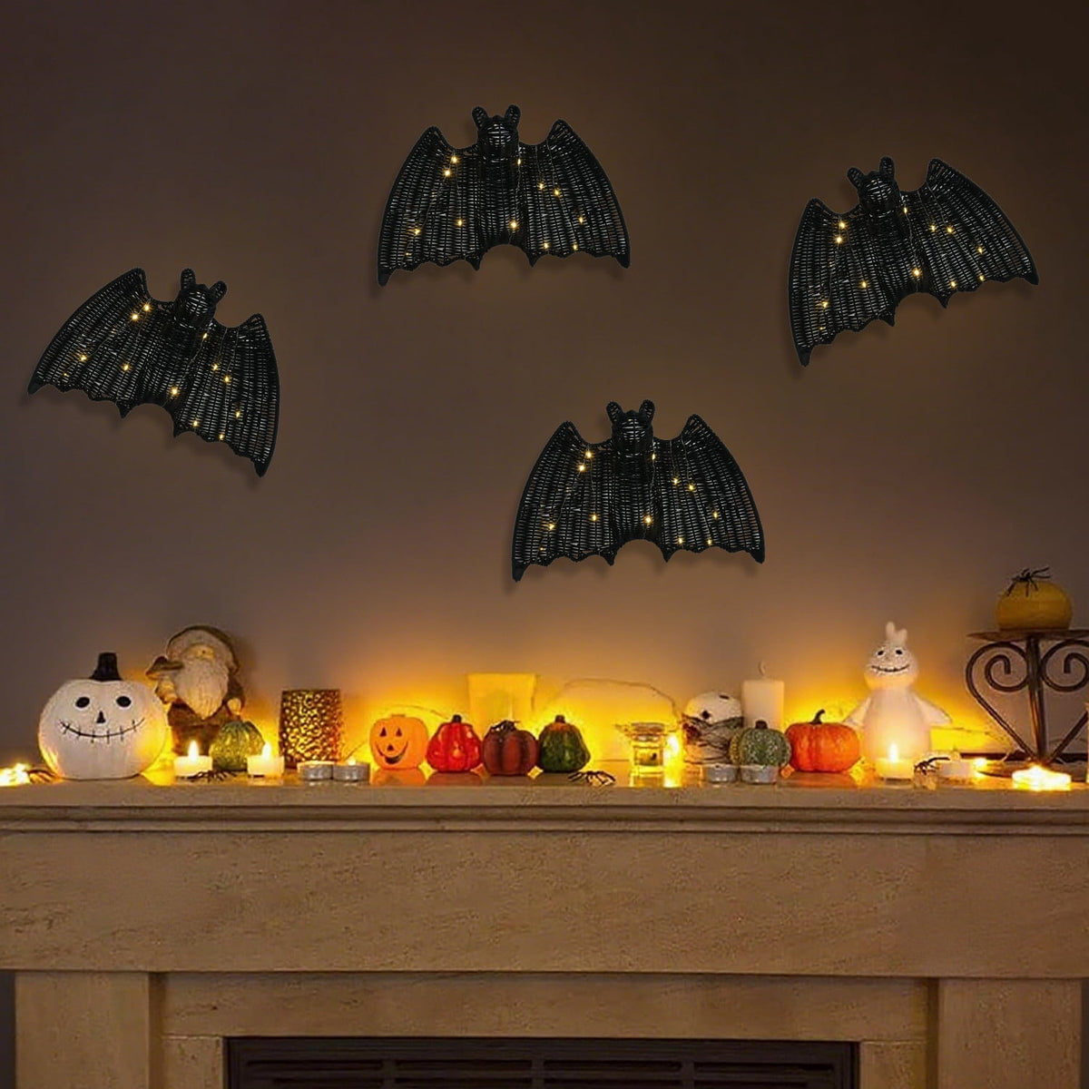 Haunt & Co Halloween Gift Wicker Bat Hanging Ornament, Spooky Woven Black Bat Wall Decor for Home Mantel Door Party Decoration