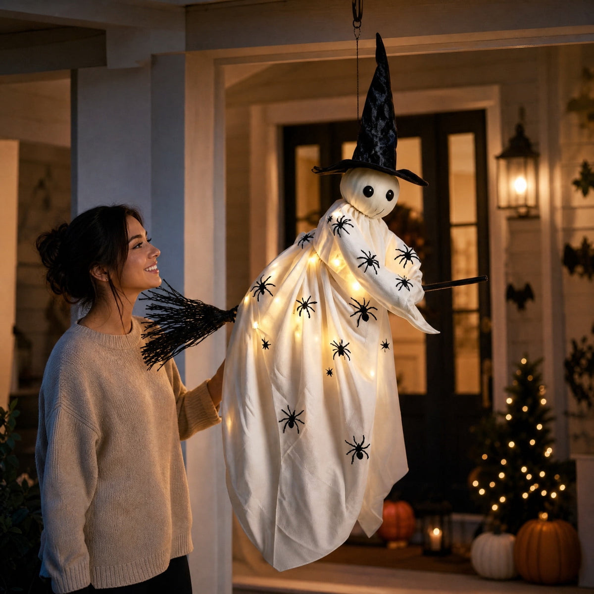 Haunt & Co Halloween Flying Ghost Decorations, Large Hanging Ghost Ornament with Weather Resistant Design and Swinging Effect, Spooky Outdoor Yard Decor for Porch Tree Garden Party House Decoration-B