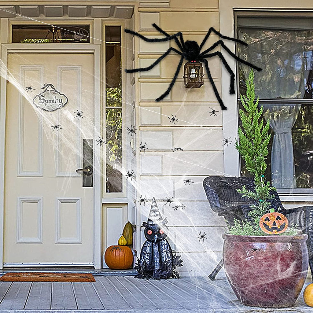 Haunt & Co Vafful Outdoor Yrad Spider Web 275'' and 59'' Giant Spider with 20 pcs Small Spider and 40g Stretch Cobwebs