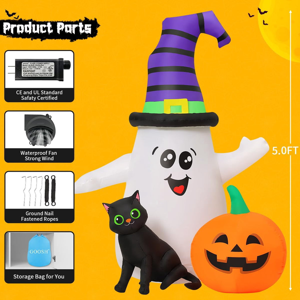 Haunt & Co Halloween Inflatables 5 FT Halloween Ghost Inflatable with LED Lights, Cute Ghost Blow Up with Wizard Hat Pumpkin Black Cat, Outdoor for Halloween Holiday Indoor Outdoor