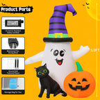 Haunt & Co Halloween Inflatables 5 FT Halloween Ghost Inflatable with LED Lights, Cute Ghost Blow Up with Wizard Hat Pumpkin Black Cat, Outdoor for Halloween Holiday Indoor Outdoor