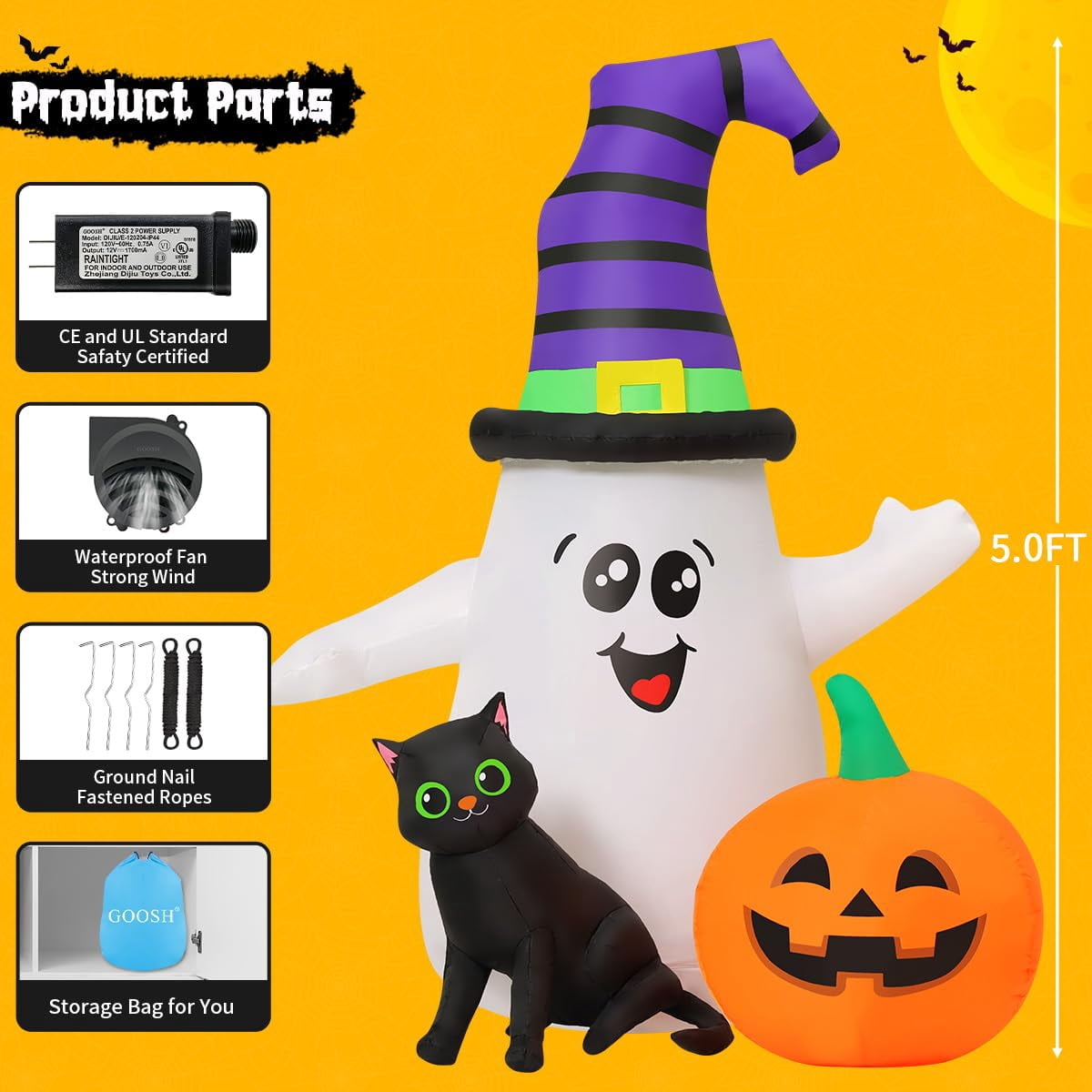 Haunt & Co Halloween Inflatables 5 FT Halloween Ghost Inflatable with LED Lights, Cute Ghost Blow Up with Wizard Hat Pumpkin Black Cat, Outdoor for Halloween Holiday Indoor Outdoor
