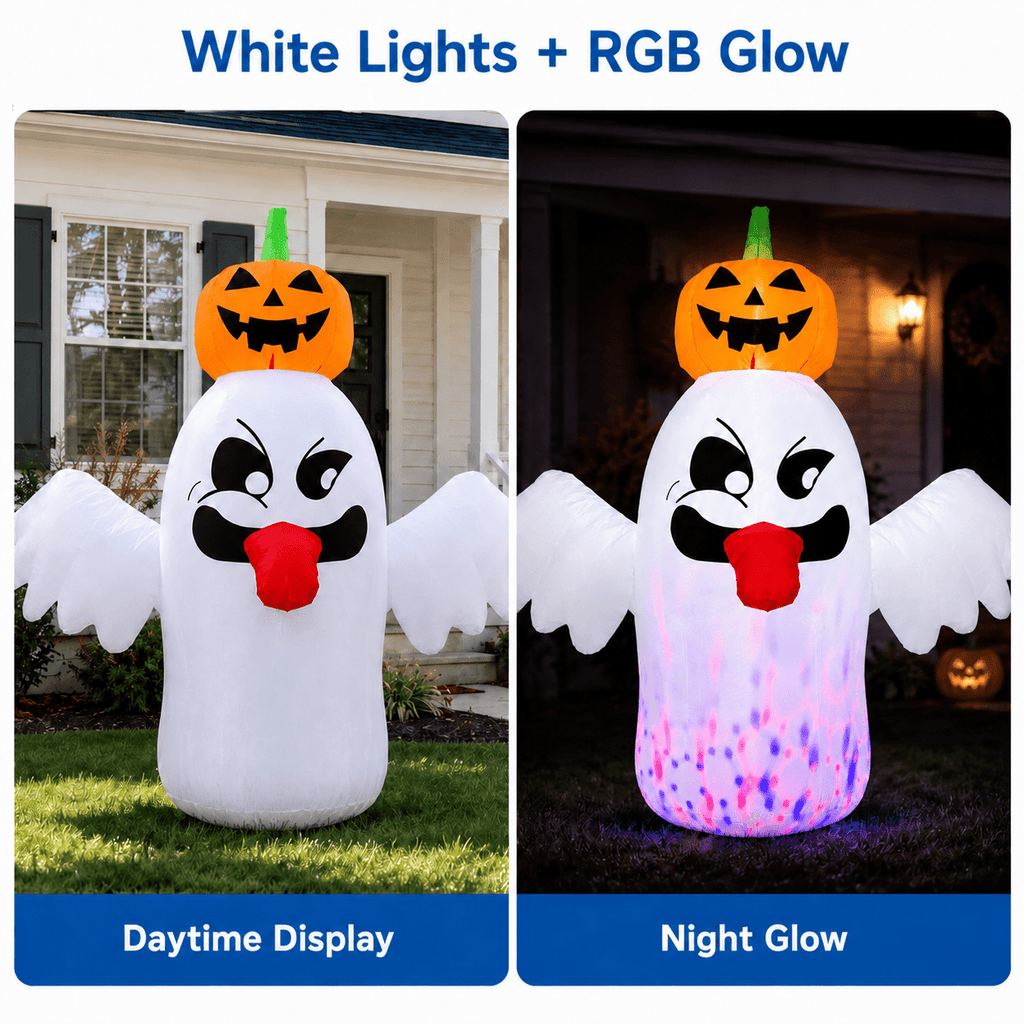 Haunt & Co 6FT Halloween Inflatable Ghost with Pumpkin Head, Light-Up Blow Up Outdoor Yard Decoration with White and RGB LED Lights