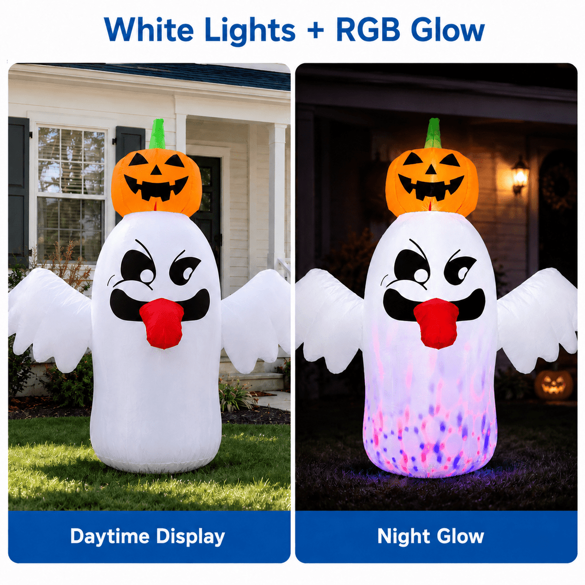 Haunt & Co 6FT Halloween Inflatable Ghost with Pumpkin Head, Light-Up Blow Up Outdoor Yard Decoration with White and RGB LED Lights