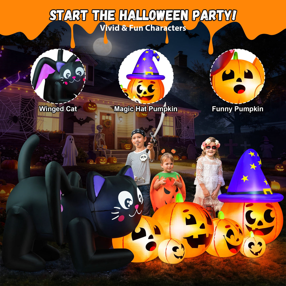 Haunt & Co 9FT Halloween Inflatable Black Cat with Pumpkin, with 8 LED Lights,Blow Up Outdoor Lawn Decor